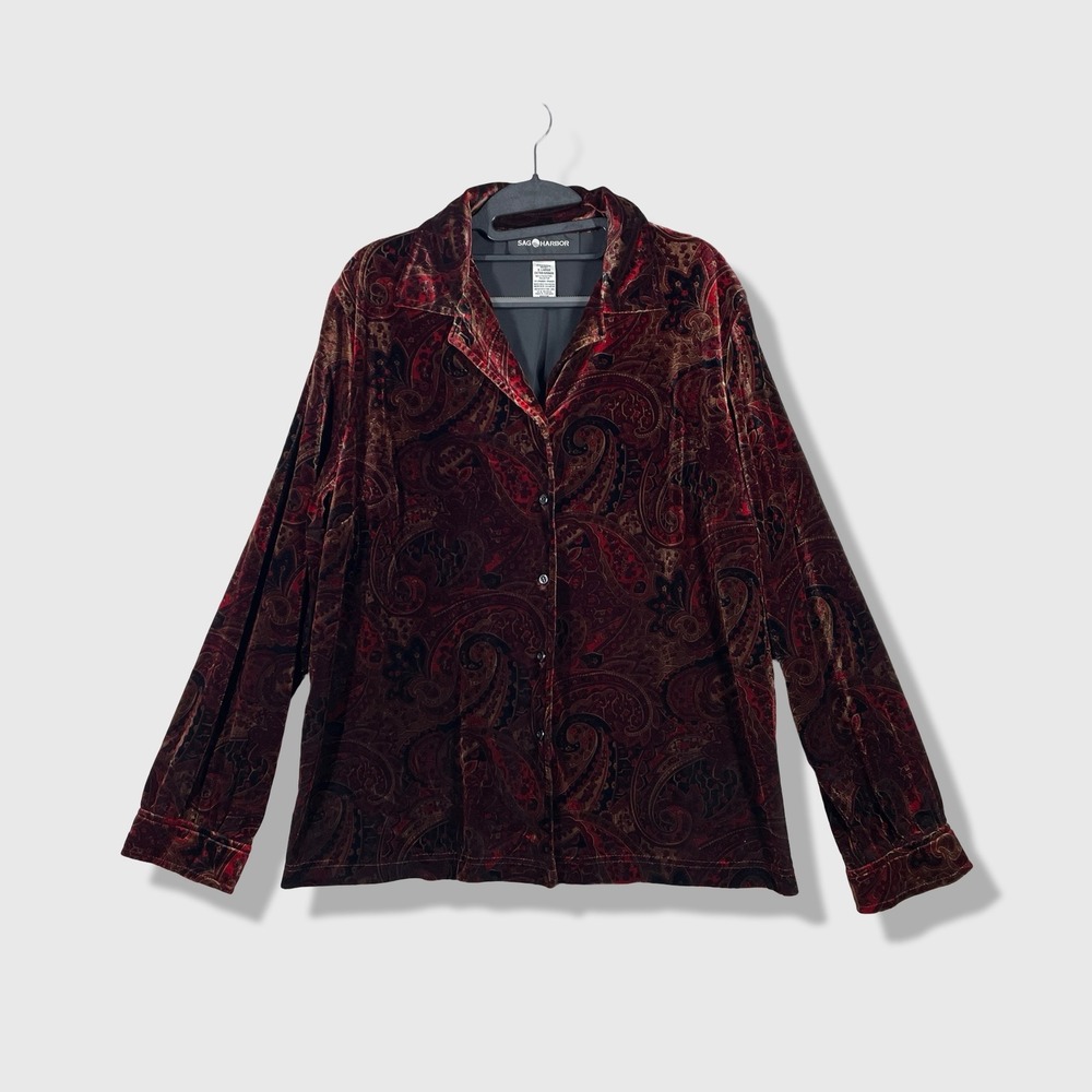 Sag Harbor Velvet Button Up Shirt Womens XL Red Paisley Vintage Goth Boho
